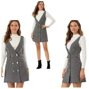 Allegra K Pinafore Mini Jumper School Girl Plaid Double Breast Y2K Preppy Small
